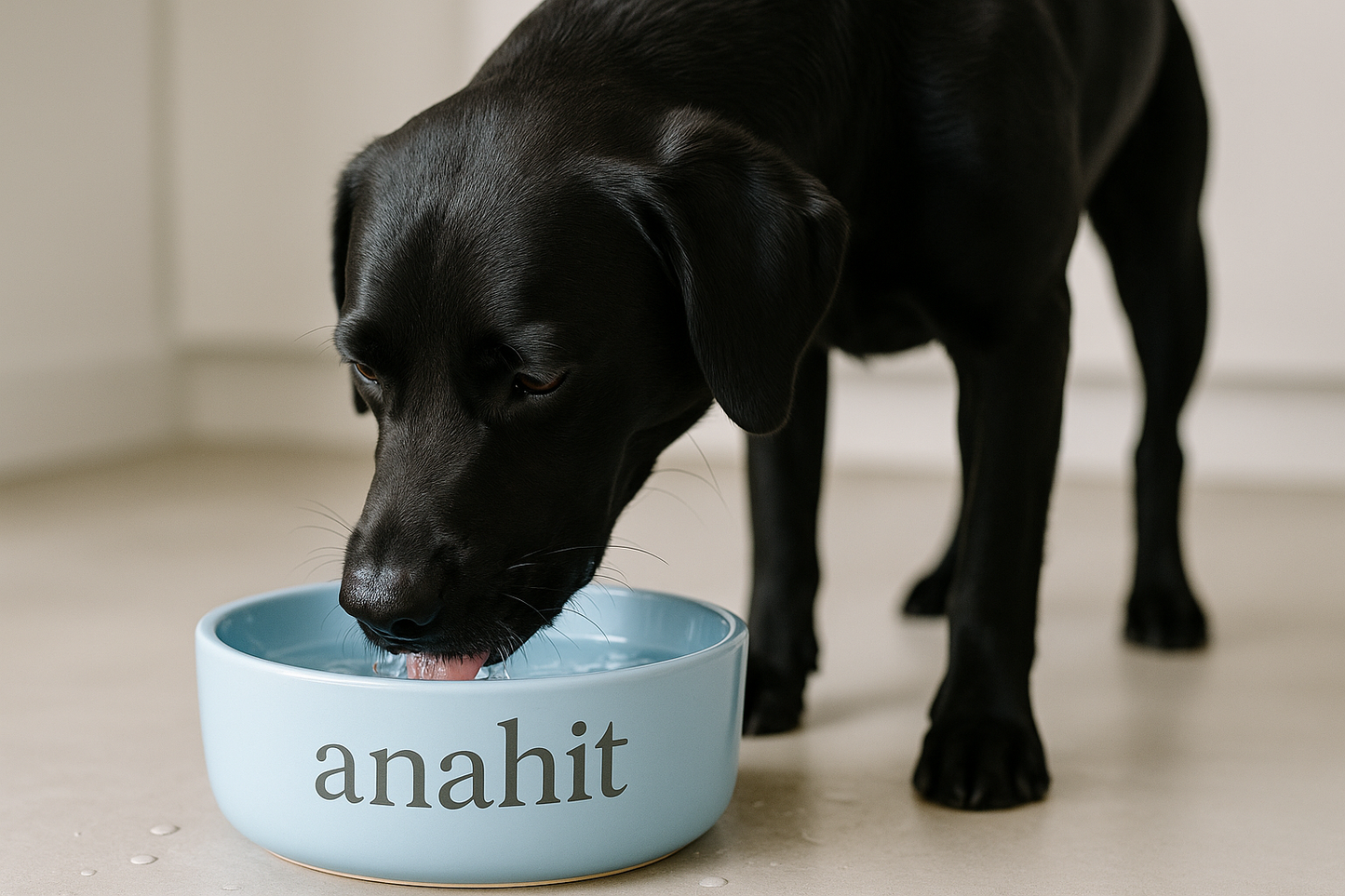 a black dog drinking water from a baby blue bowl with the words anahit on the bowl