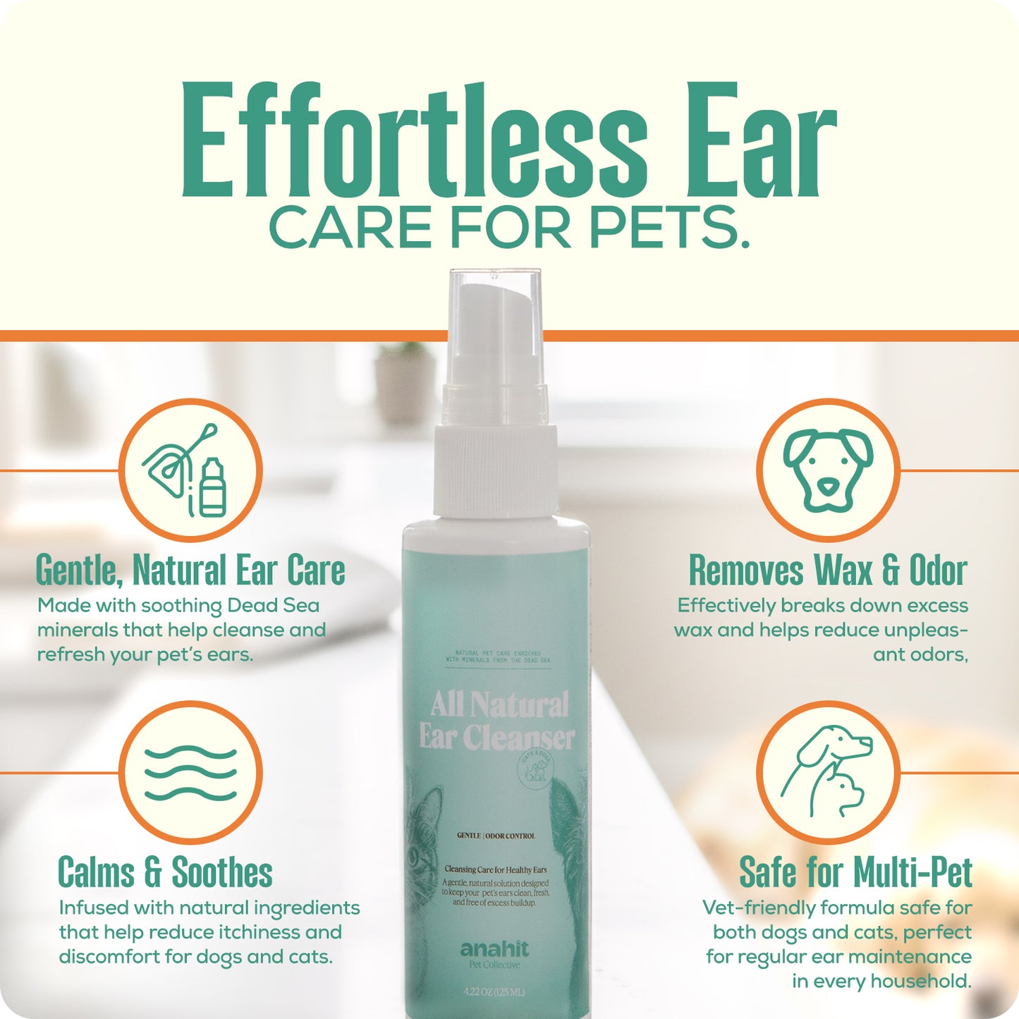 All Natural Dead Sea Mineral Ear Cleanser for Dogs & Cats | Gentle Pet Ear Cleaning Solution