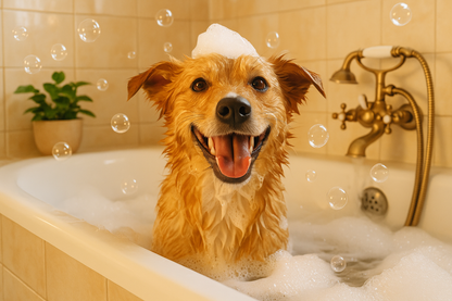 happy dog in a bathtub